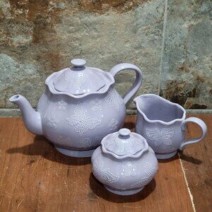 Temptations Lavendar Lilac Tea Set Teapot Sugar Bowl Creamer Embossed Butterfly